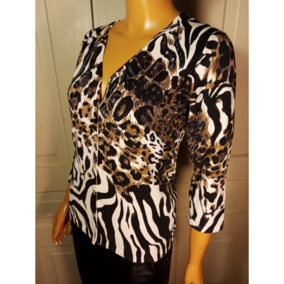 Beaded sequined animal print cardigan sweater leopard cheetah zebra - Picture 8 of 9